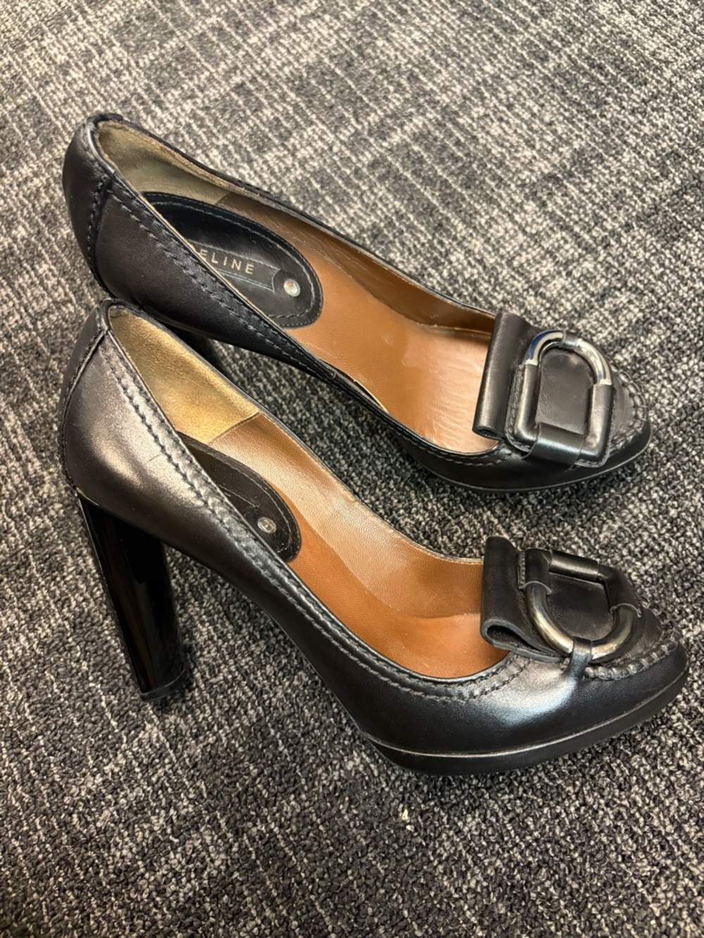 CELINE MOCCASIN PLATFORM Heel buckle pumps shoes black 37.5 7-7.5